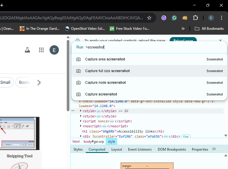 The Chrome/Edge Developer Tools Command Menu with the "Capture full size screenshot" option selected.
